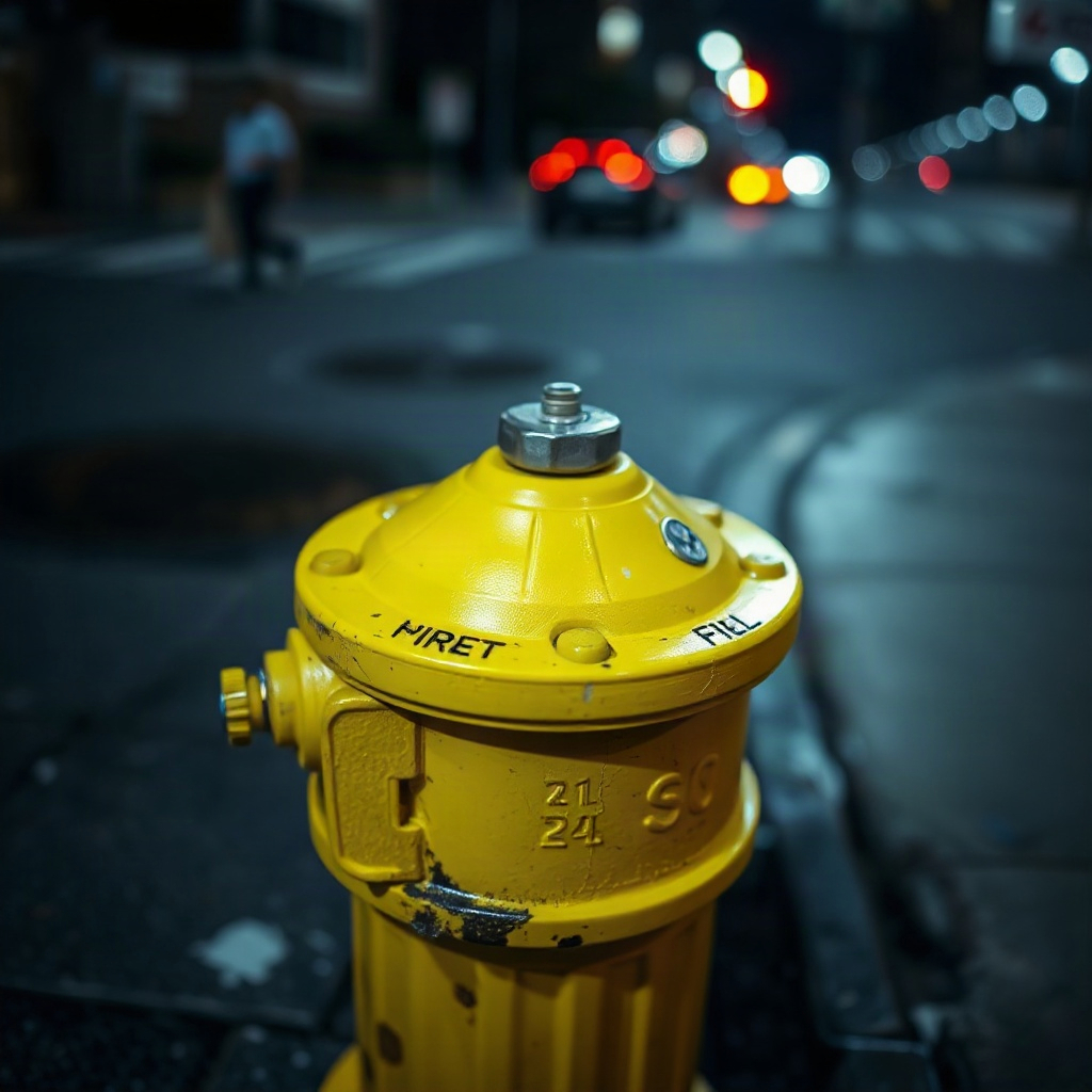Close view of a yellow hydrant cap at night