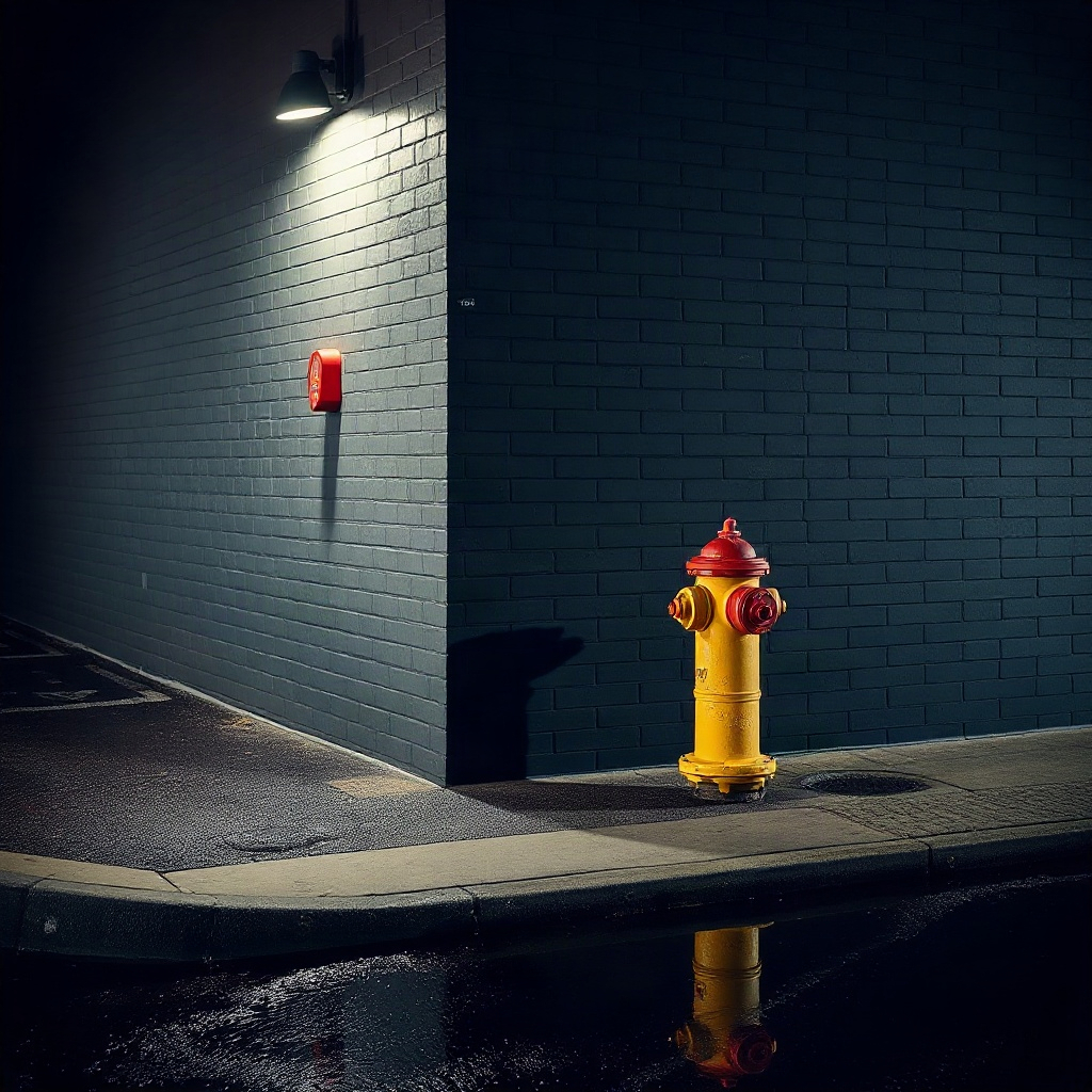 Red hydrant on a dark street corner