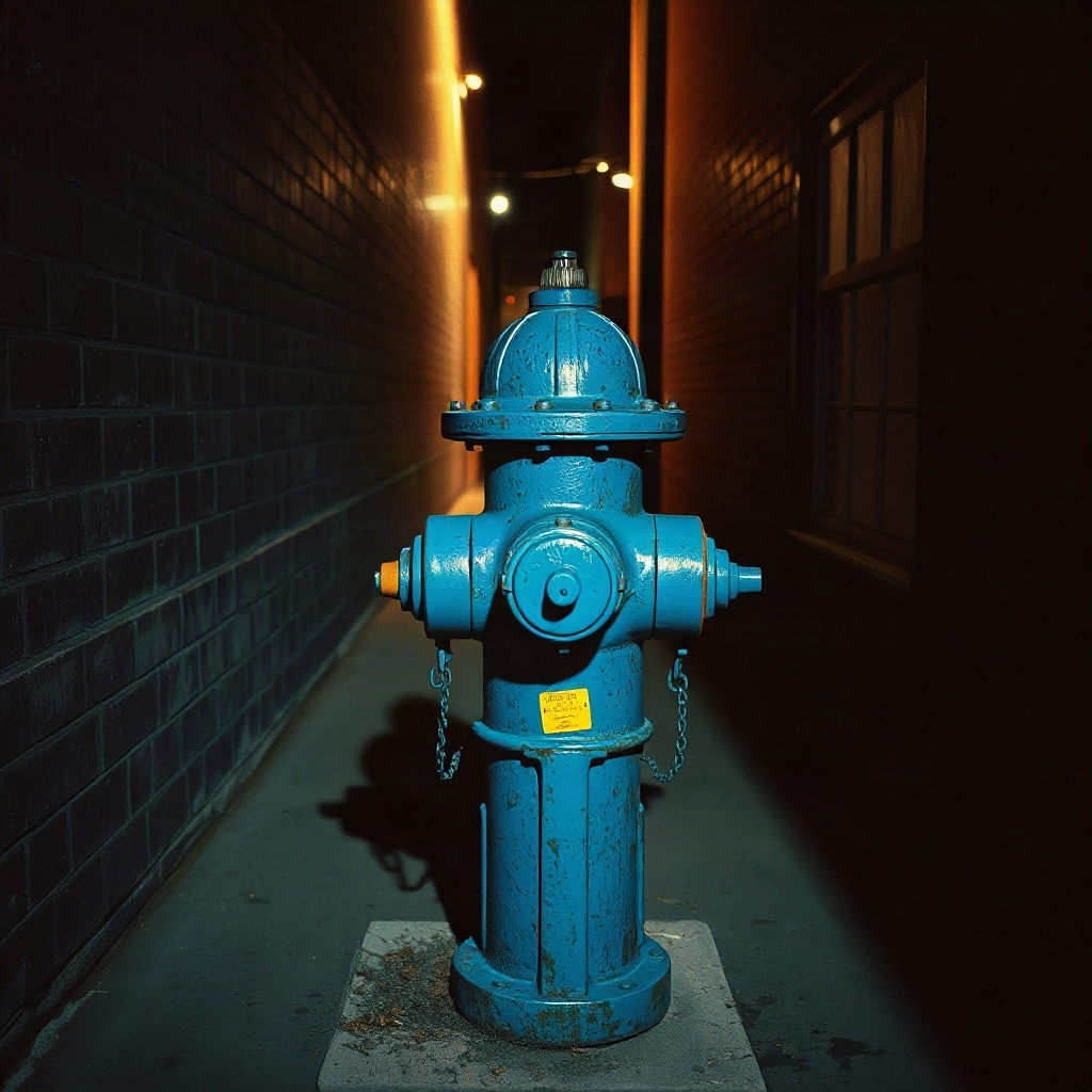 Blue hydrant in a narrow night alley