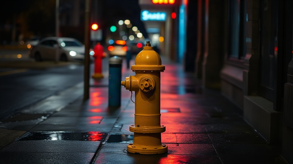 Yellow hydrant on a wet night sidewalk